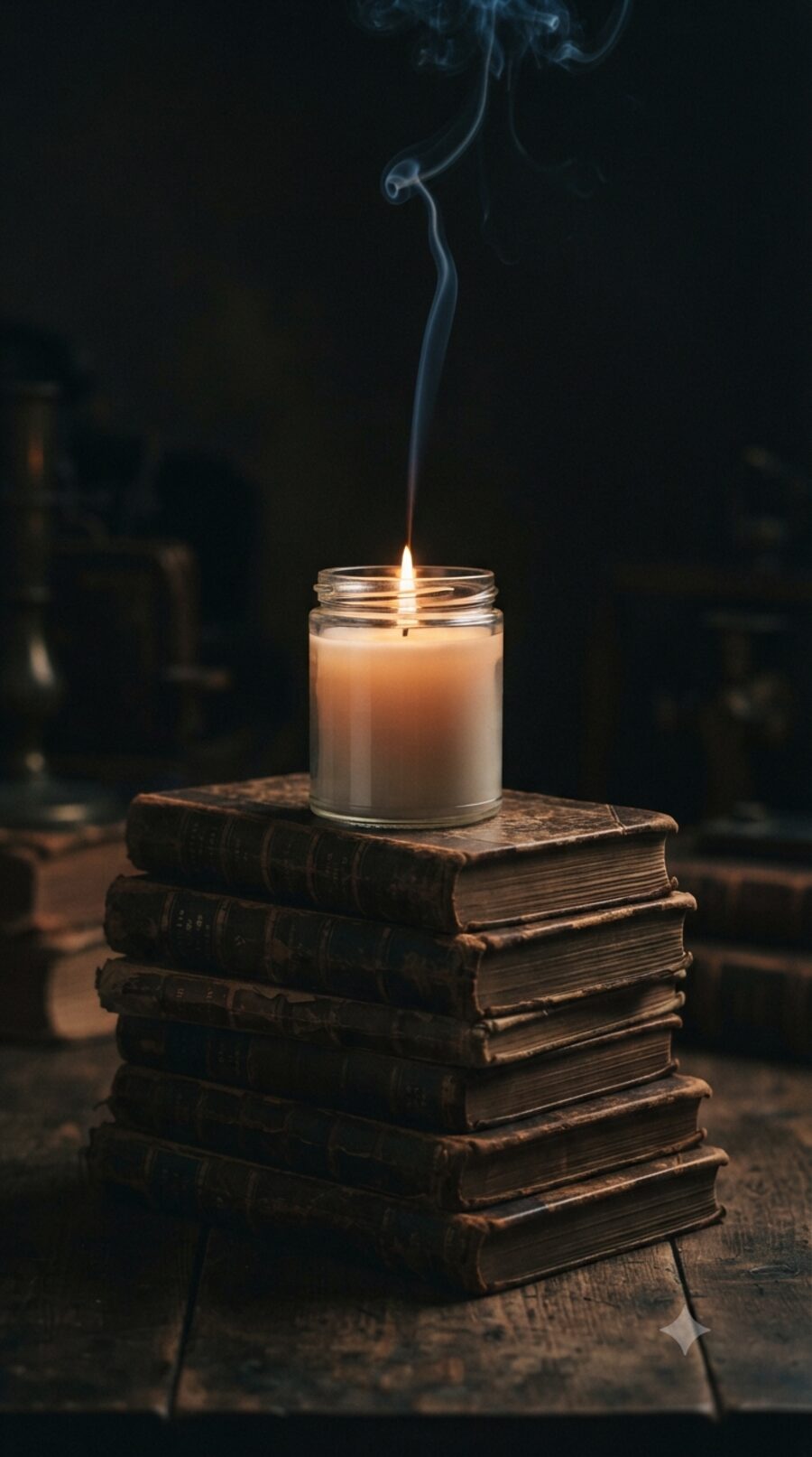 A lit jar candle glowing beside a stack of books in a dim room